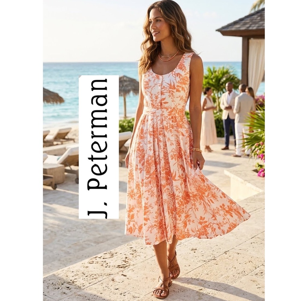 J. Peterman Orange White Botanical Bird Print Cotton Midi Dress Sz 14 Resortwear